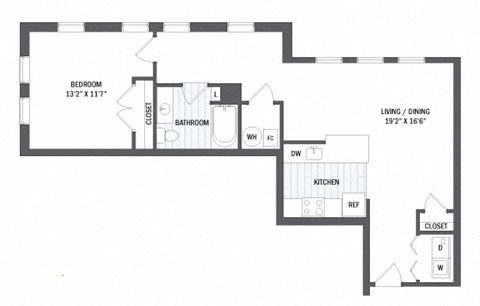 Floor plan for 1 bed, 1 bath, 779 sqft